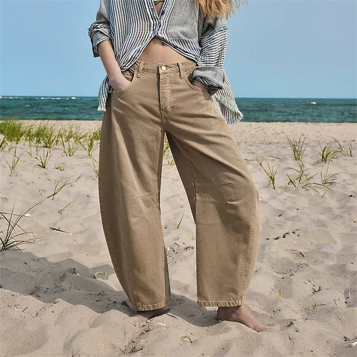 Women's High-Rise Barrel Leg Relaxed-Fit Acid-Wash Jeans - Beige
