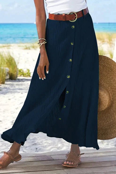 Women's High-Waist Button-Front Crinkle Linen-Look Maxi Skirt - Tibetan blue