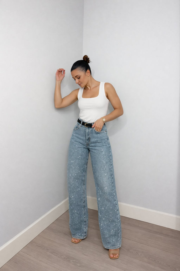 Women's High-Waist Wide-Leg Glitter Denim Straight-Cut Jeans