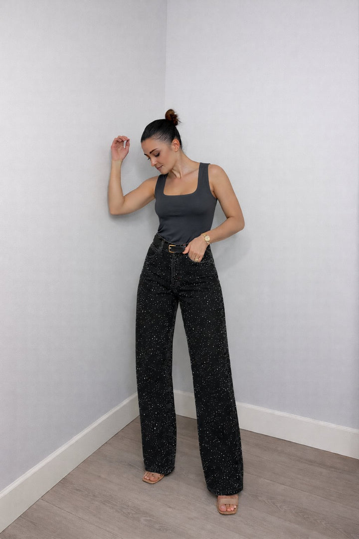Women's High-Waist Wide-Leg Glitter Denim Straight-Cut Jeans