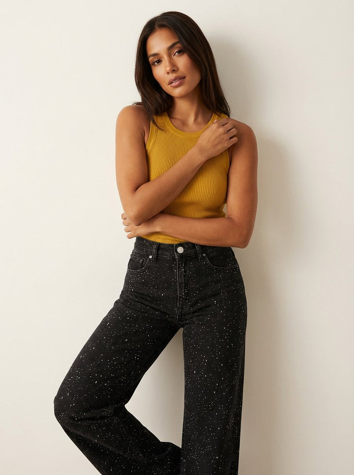 Women's High-Waist Wide-Leg Glitter Denim Straight-Cut Jeans