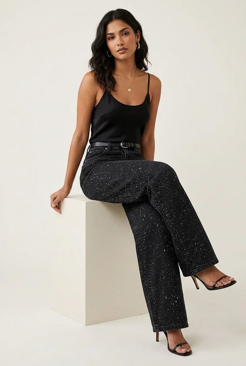 Women's High-Waist Wide-Leg Glitter Denim Straight-Cut Jeans