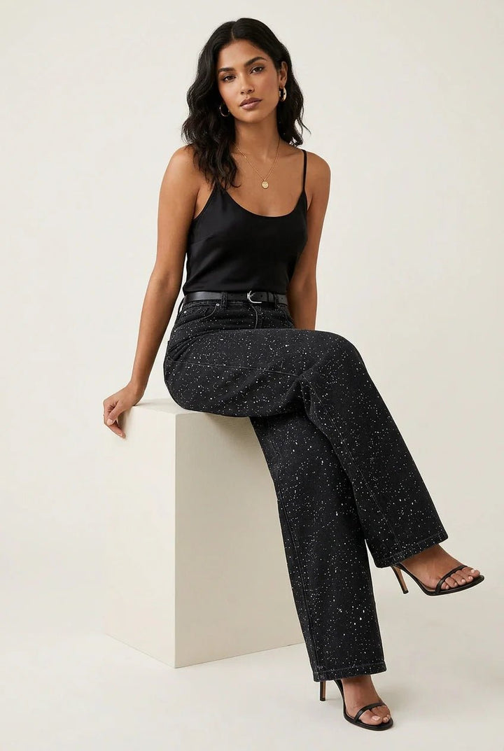 Women's High-Waist Wide-Leg Glitter Denim Straight-Cut Jeans
