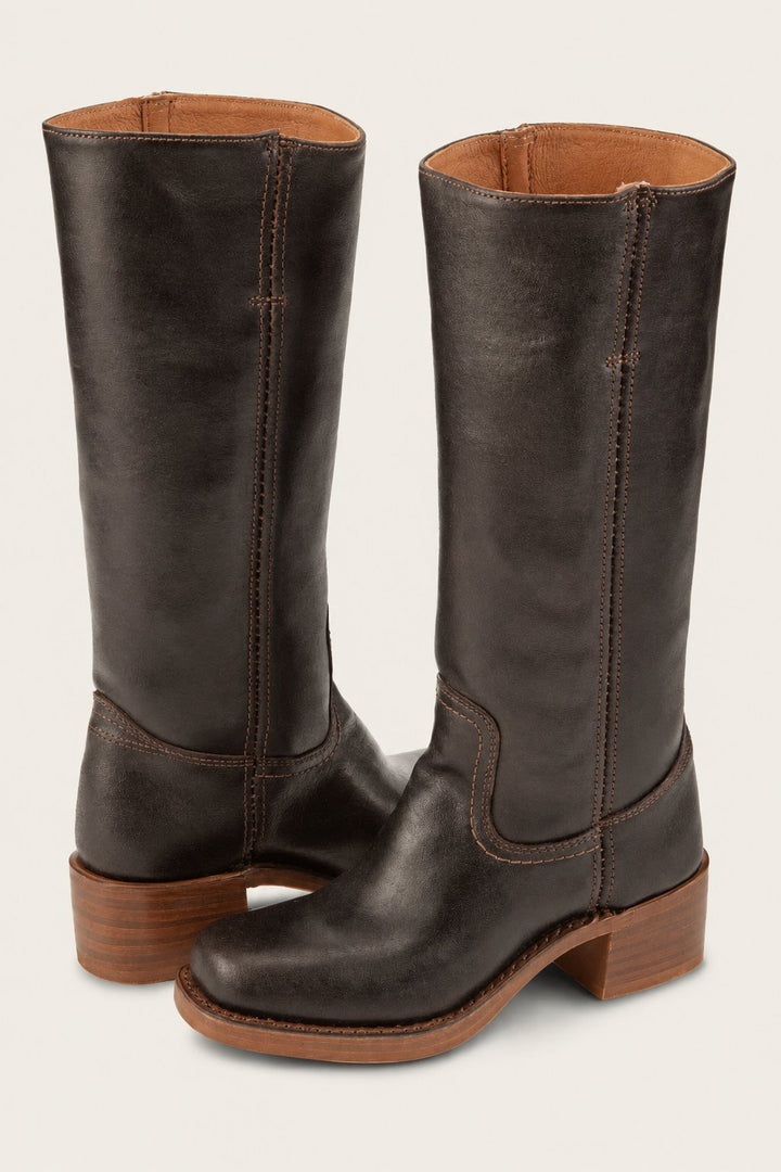 Women's Knee-High Slim-Fit Stacked-Heel Leather Riding Boots - Brown