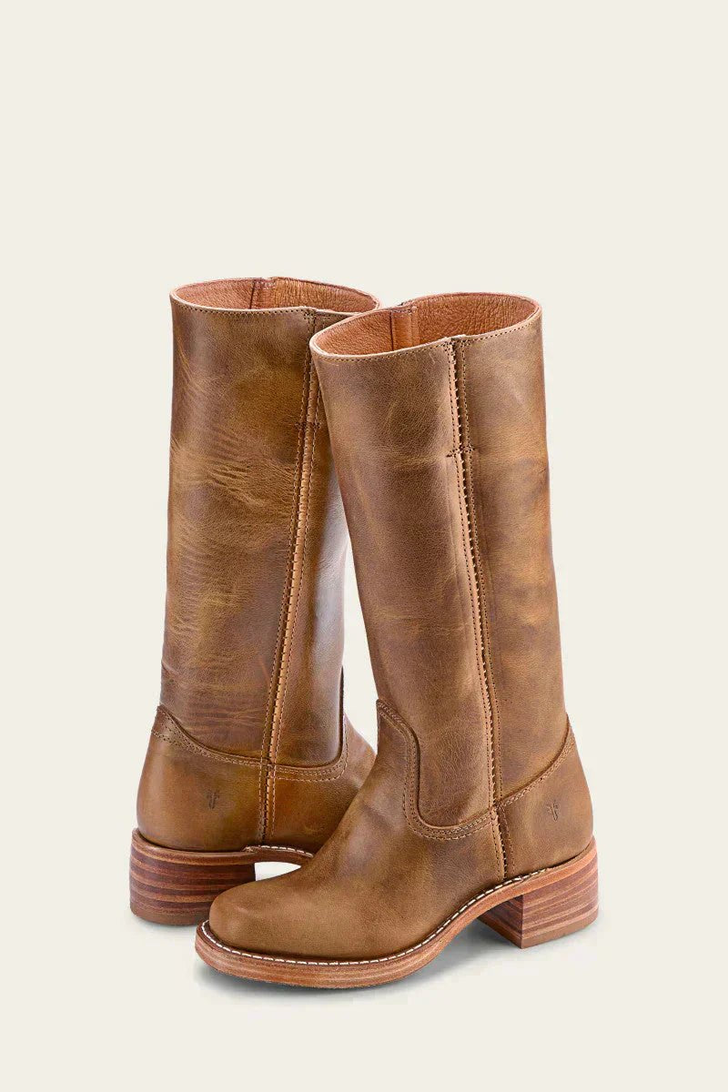 Women's Knee-High Slim-Fit Stacked-Heel Leather Riding Boots - Khaki