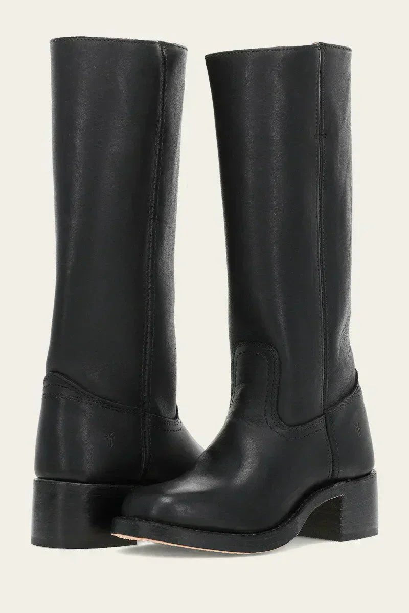 Women's Knee-High Slim-Fit Stacked-Heel Leather Riding Boots - Black