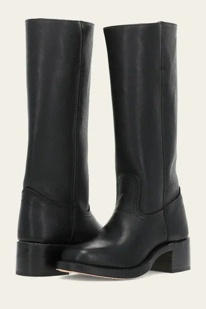 Women's Knee-High Slim-Fit Stacked-Heel Leather Riding Boots - Black