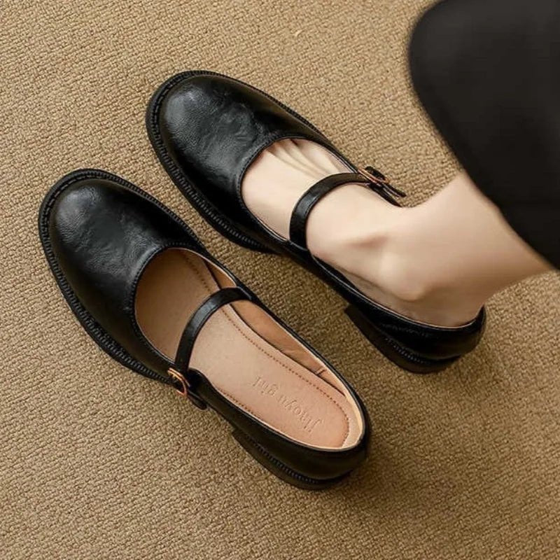 Women's Leather Buckle-Strap Low-Heel Mary Jane Flats