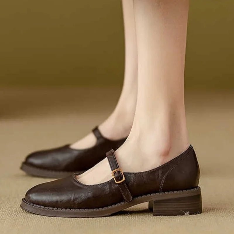 Women's Leather Buckle-Strap Low-Heel Mary Jane Flats