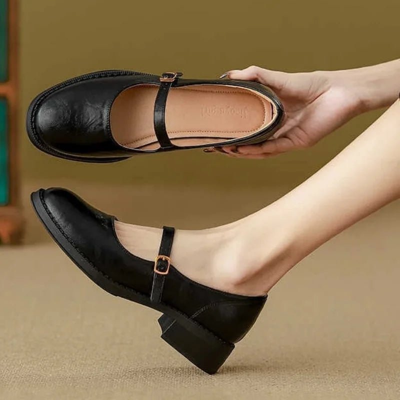 Women's Leather Buckle-Strap Low-Heel Mary Jane Flats - Black
