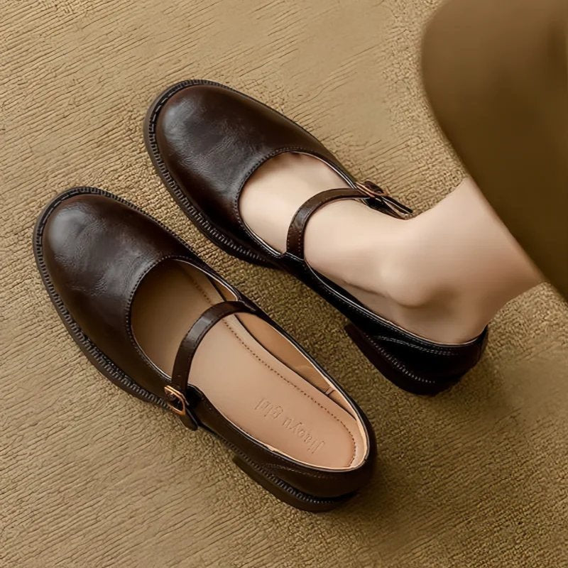 Women's Leather Buckle-Strap Low-Heel Mary Jane Flats