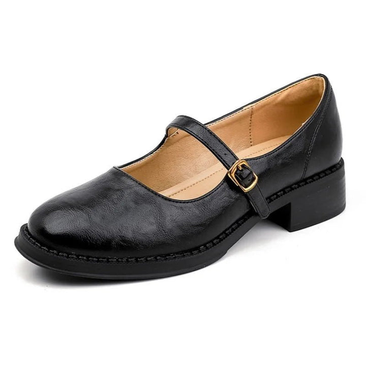 Women's Leather Buckle-Strap Low-Heel Mary Jane Flats
