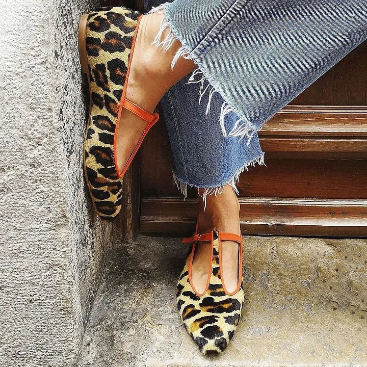 Women's Leopard Print T-Strap Pointed-Toe Suede Flats
