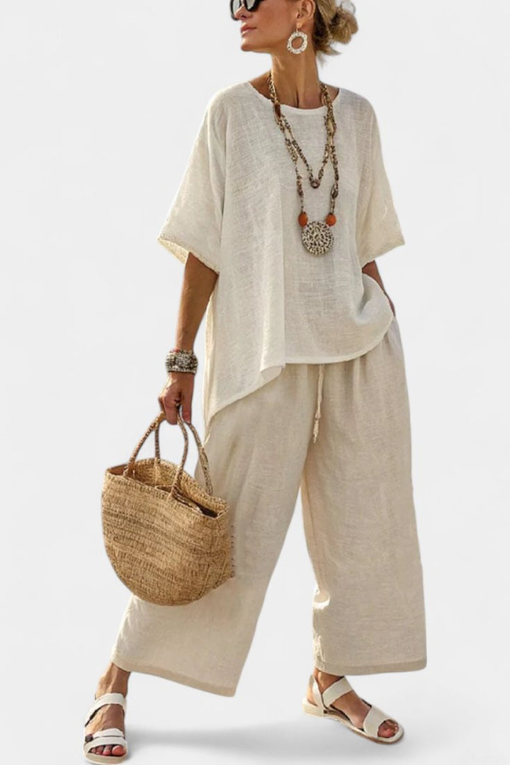 Women's Linen Asymmetric Hem Oversized Top Wide-Leg Pants Two-Piece Set - White