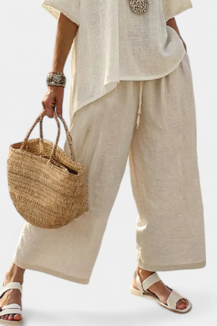 Women's Linen Asymmetric Hem Oversized Top Wide-Leg Pants Two-Piece Set