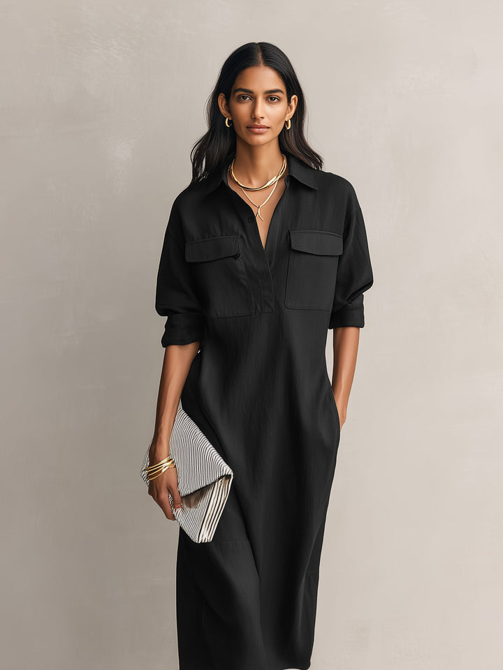 Women's Linen Blend Midi Shirt Dress V-Neck Elbow Sleeve