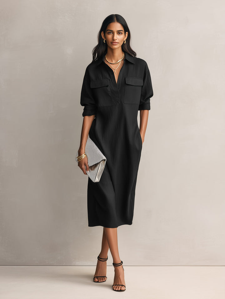 Women's Linen Blend Midi Shirt Dress V-Neck Elbow Sleeve
