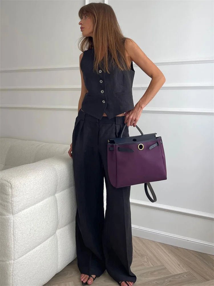 Women's Linen Blend Sleeveless Buttoned Vest Wide-Leg Pants Two-Piece Set
