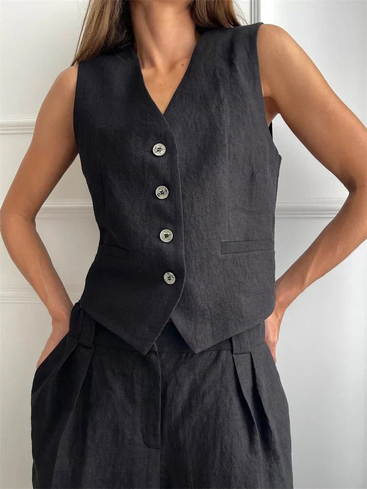 Women's Linen Blend Sleeveless Buttoned Vest Wide-Leg Pants Two-Piece Set - Black