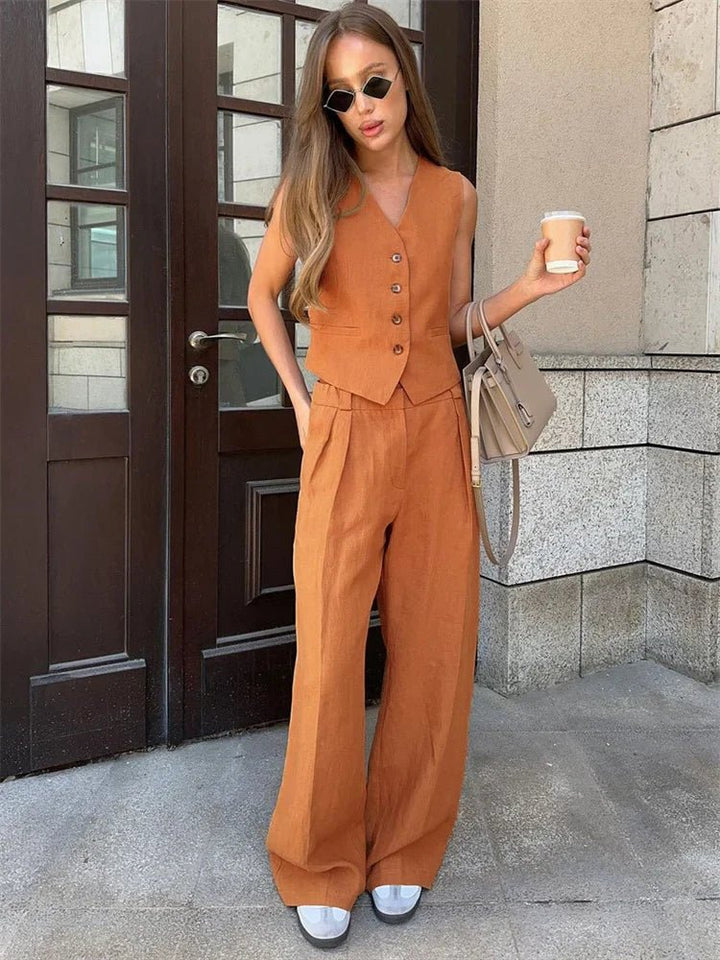Women's Linen Blend Sleeveless Buttoned Vest Wide-Leg Pants Two-Piece Set