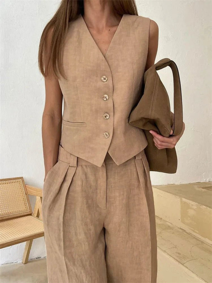 Women's Linen Blend Sleeveless Buttoned Vest Wide-Leg Pants Two-Piece Set