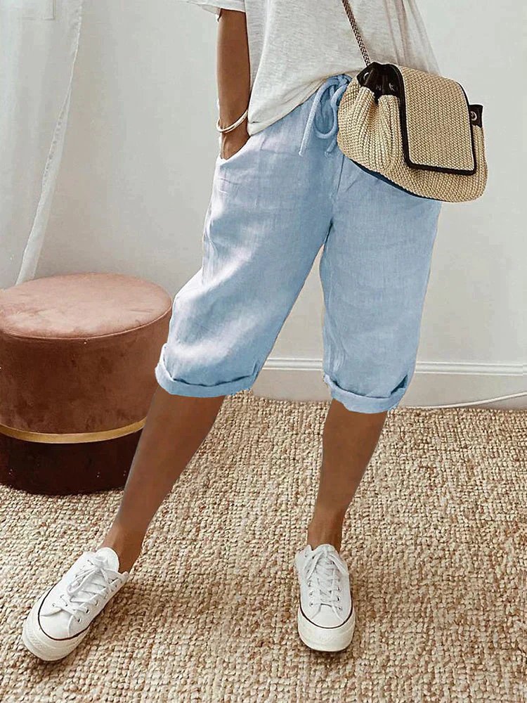 Women's Linen Drawstring Cropped Bermuda Shorts Relaxed Fit - Light Blue