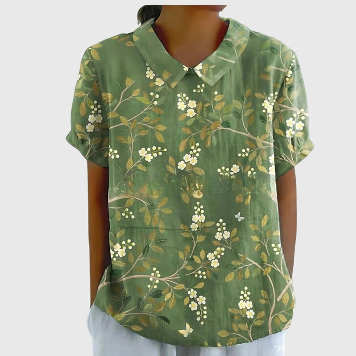 Women's Linen Floral Print Short Sleeve Peter Pan Collar Blouse - Green