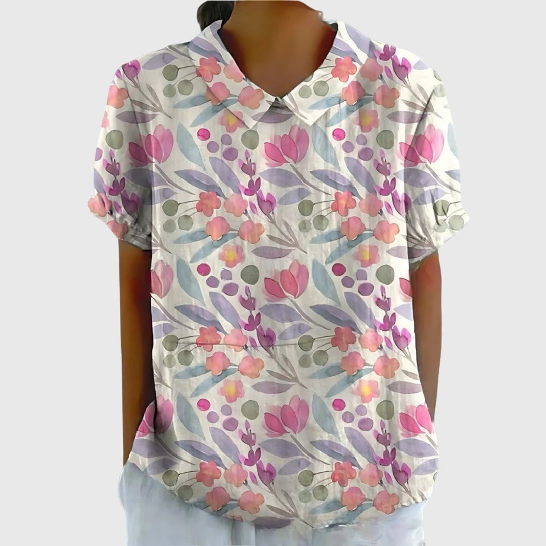 Women's Linen Floral Print Short Sleeve Peter Pan Collar Blouse - White 7
