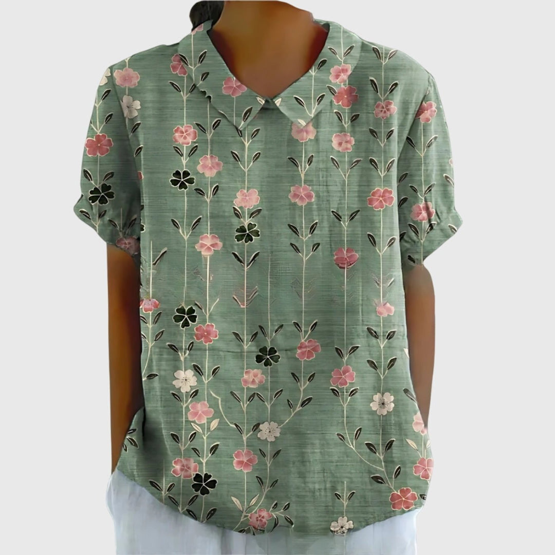 Women's Linen Floral Print Short Sleeve Peter Pan Collar Blouse - Sage Green