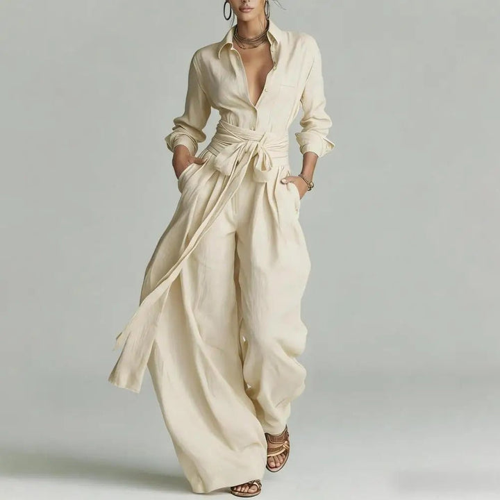 Women's Linen High-Rise Wide-Leg Pants Shirt Co-Ord Set - Apricot