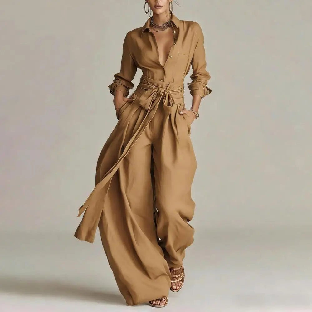 Women's Linen High-Rise Wide-Leg Pants Shirt Co-Ord Set - Khaki