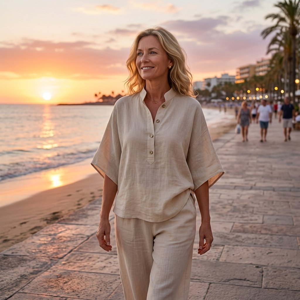 Women's Linen Kimono-Sleeve Mandarin Collar Top Wide-Leg Pants Set