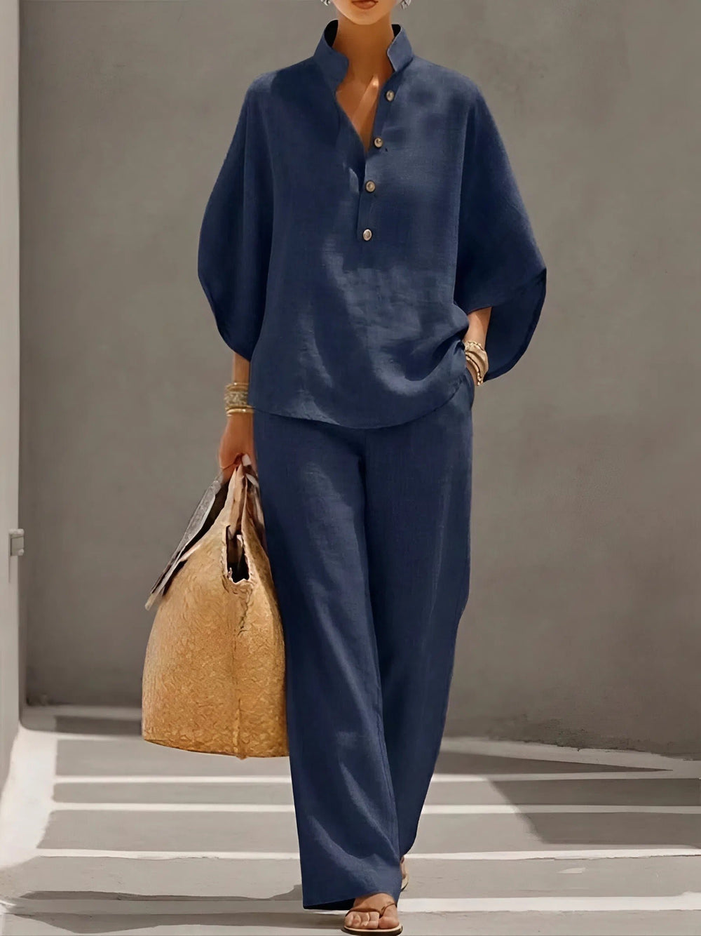 Women's Linen Kimono-Sleeve Mandarin Collar Top Wide-Leg Pants Set - Navy