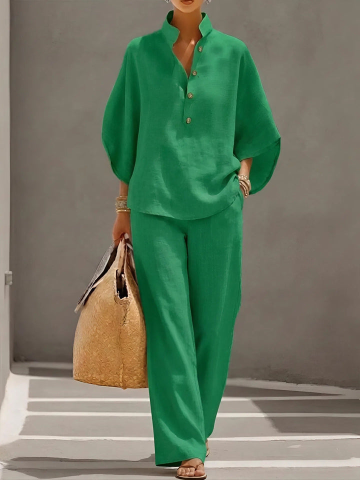 Women's Linen Kimono-Sleeve Mandarin Collar Top Wide-Leg Pants Set - Green
