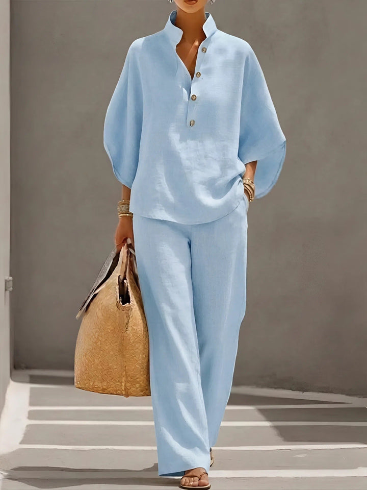 Women's Linen Kimono-Sleeve Mandarin Collar Top Wide-Leg Pants Set - Light BLue