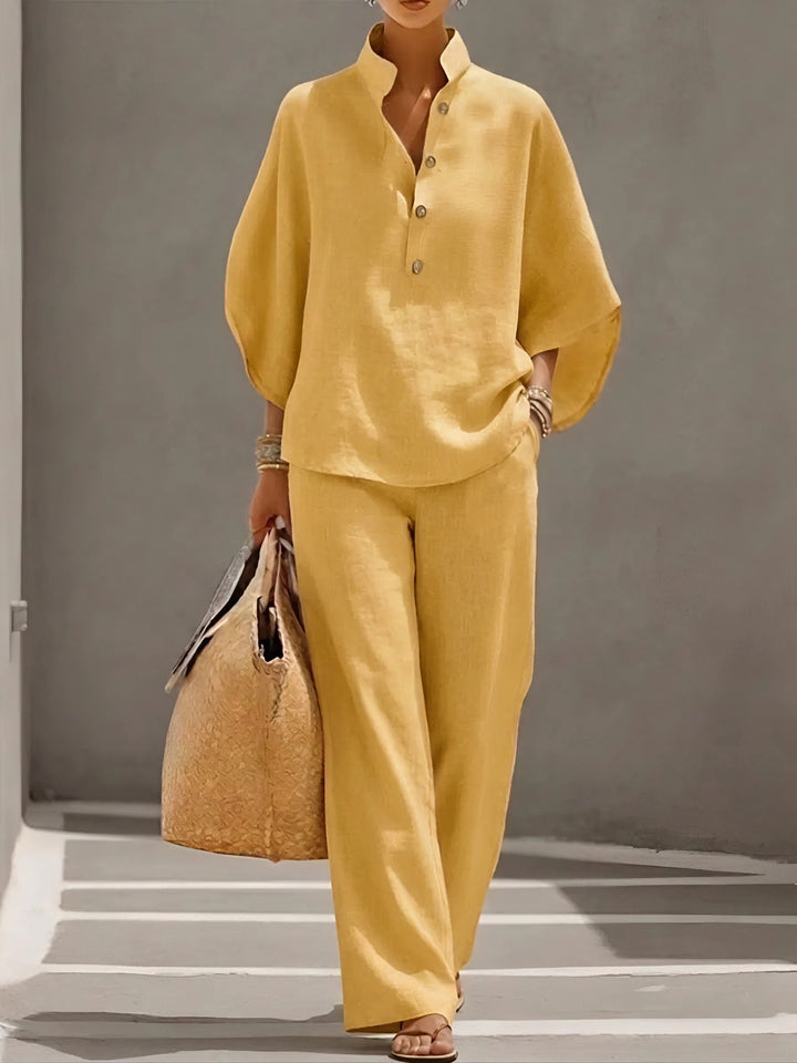 Women's Linen Kimono-Sleeve Mandarin Collar Top Wide-Leg Pants Set - Yellow