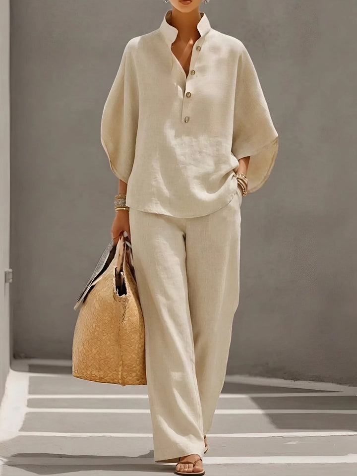 Women's Linen Kimono-Sleeve Mandarin Collar Top Wide-Leg Pants Set