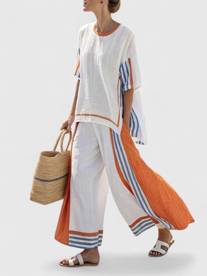 Women's Linen-Mix Oversized Two-Piece Wide-Leg Pants Co-Ord Set - Oranje Streep