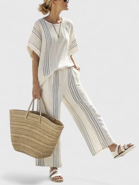Women's Linen-Mix Oversized Two-Piece Wide-Leg Pants Co-Ord Set - Blauwe streep