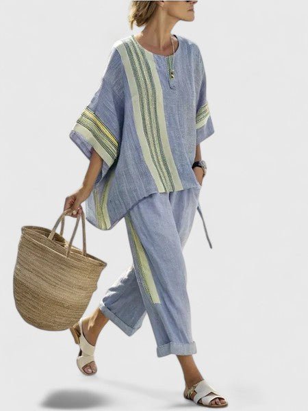 Women's Linen-Mix Oversized Two-Piece Wide-Leg Pants Co-Ord Set - Blauw