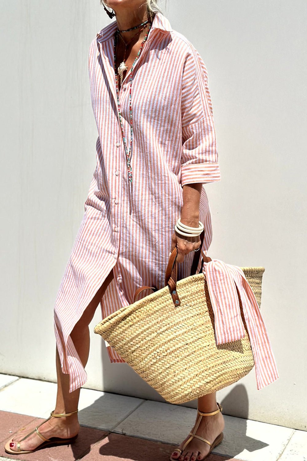 Women's Linen Striped Collared Button-Down Oversized Midi Dress