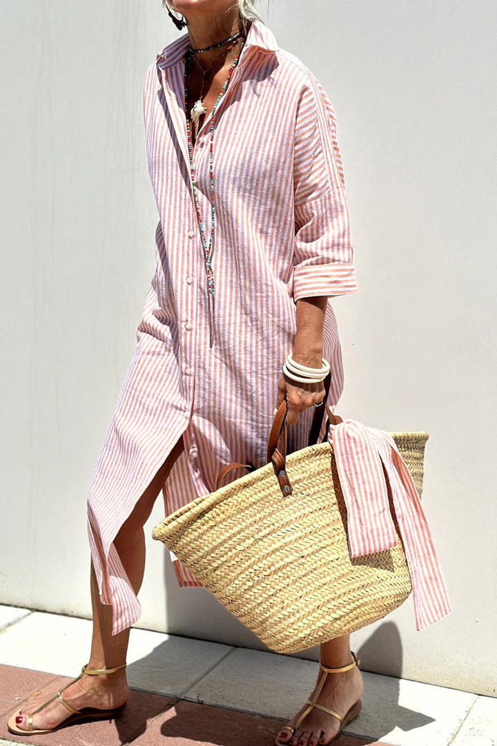 Women's Linen Striped Collared Button-Down Oversized Midi Dress