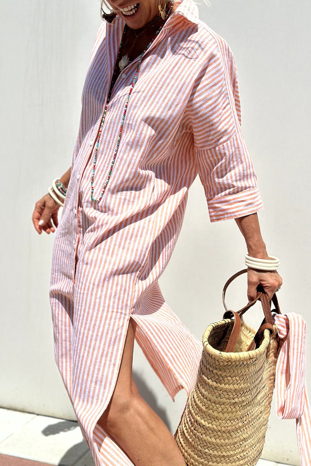 Women's Linen Striped Collared Button-Down Oversized Midi Dress - Pink