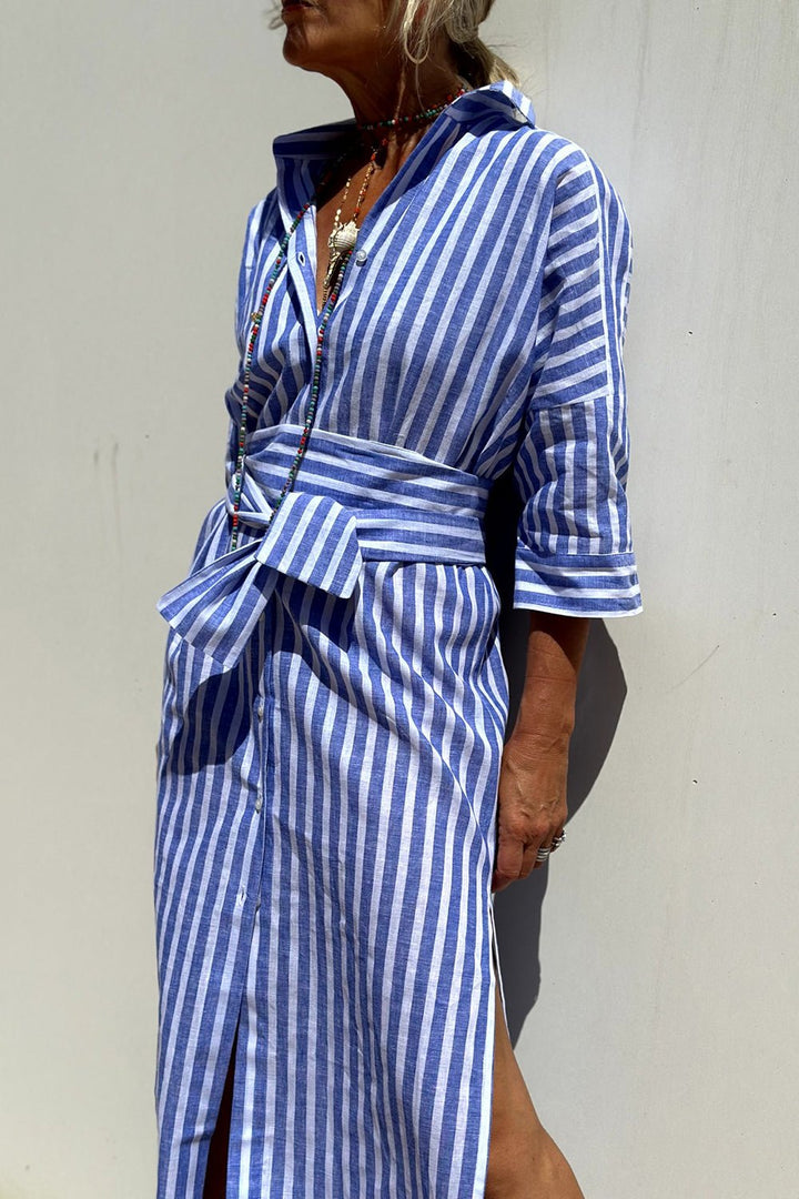 Women's Linen Striped Collared Button-Down Oversized Midi Dress