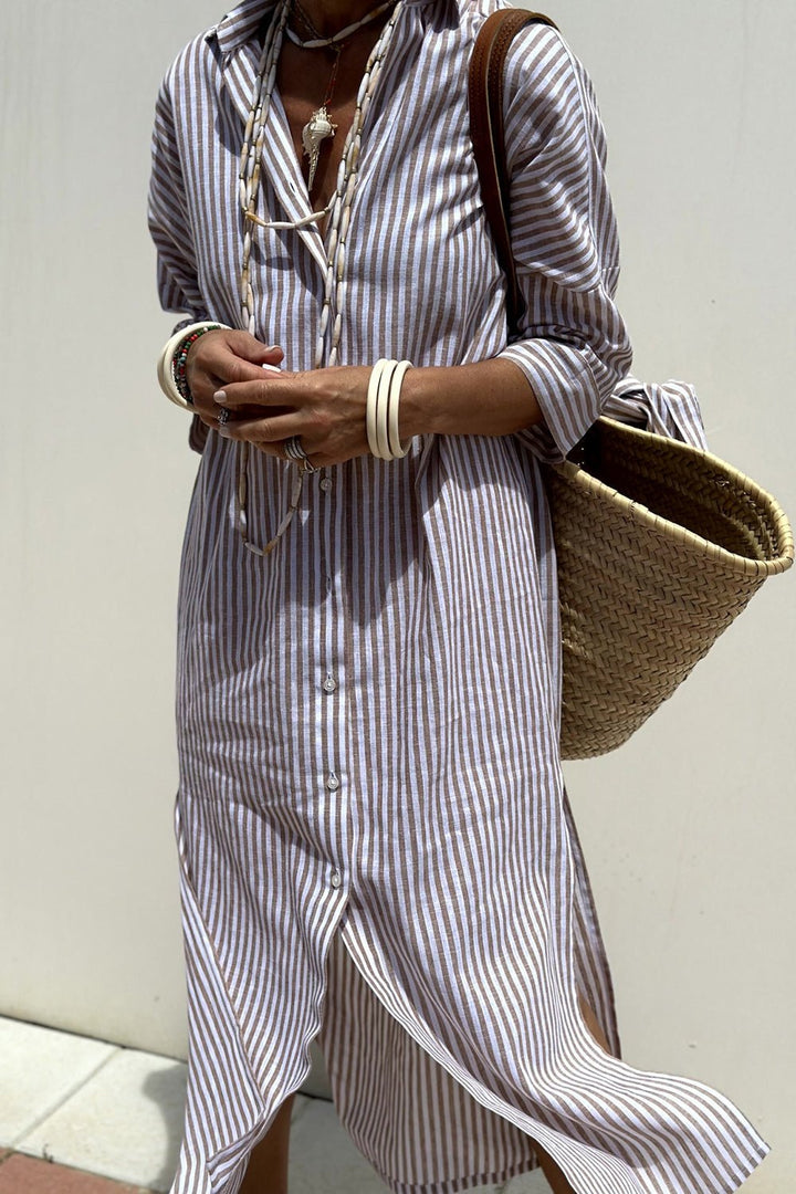 Women's Linen Striped Collared Button-Down Oversized Midi Dress