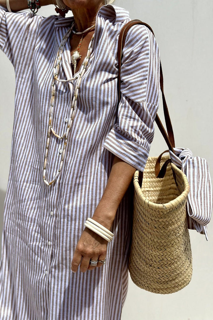 Women's Linen Striped Collared Button-Down Oversized Midi Dress - Khaki