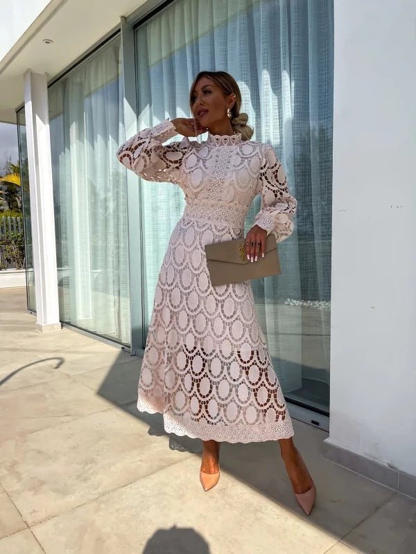 Women's Long Sleeve Lace Crochet Midi Evening Dress