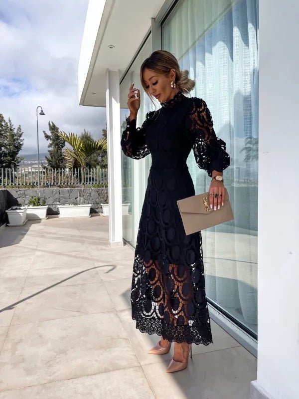 Women's Long Sleeve Lace Crochet Midi Evening Dress - Black