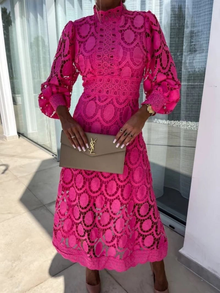 Women's Long Sleeve Lace Crochet Midi Evening Dress