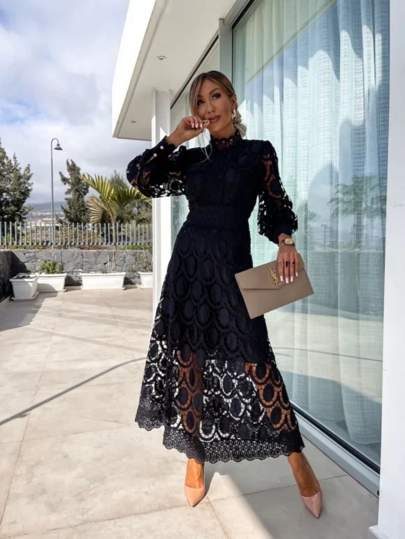 Women's Long Sleeve Lace Crochet Midi Evening Dress
